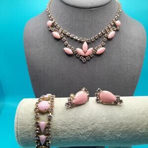 Vintage Pink Glass Rhinestone Jewelry Set: Choker Bracelet Screw-back Earrings